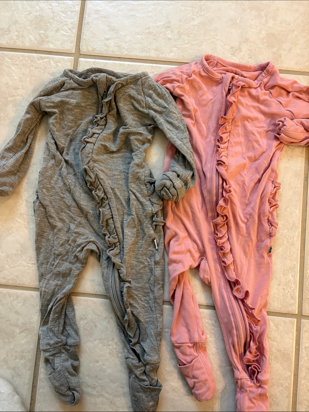 Little Sleepies Soft Ruffle Zip Kids One-Piece Sleepers in Pink and Gray